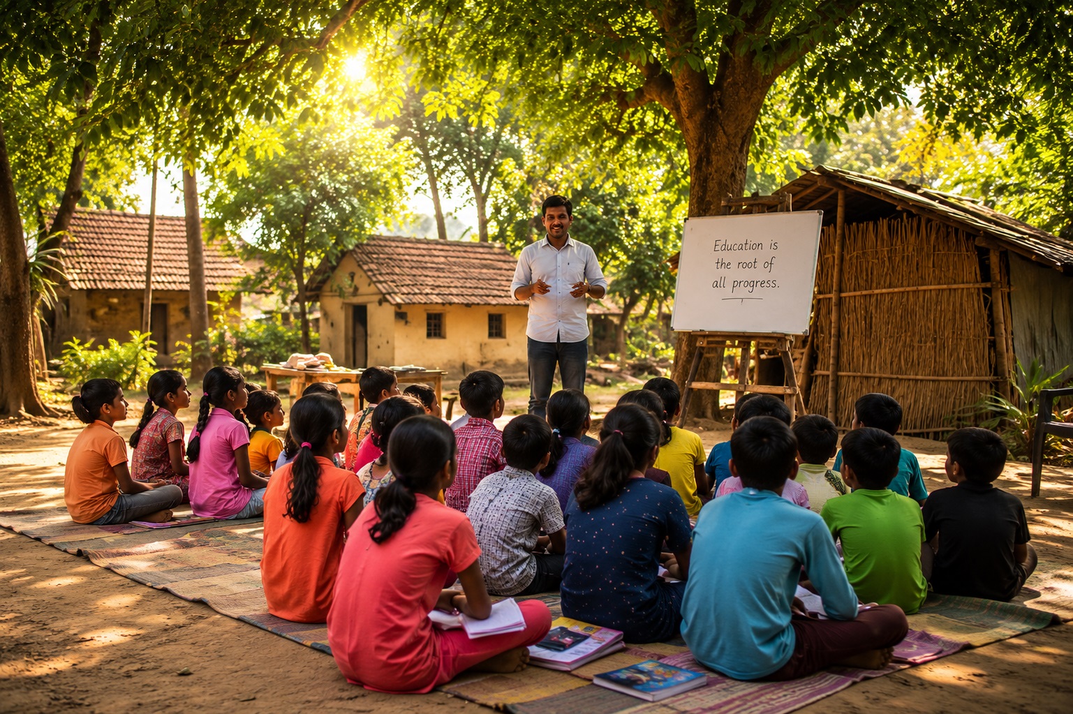 Children learning together at an open-air village class