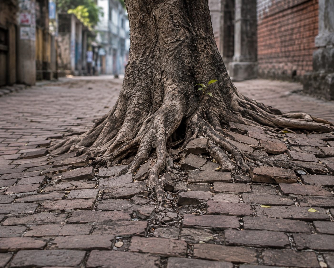 A full-grown tree's roots holding an old brick lane, still standing
