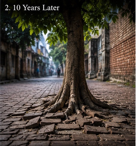 Roots spreading and cracking the old brick lane