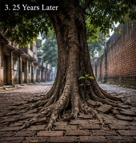 Thick roots overtaking the brick pathway