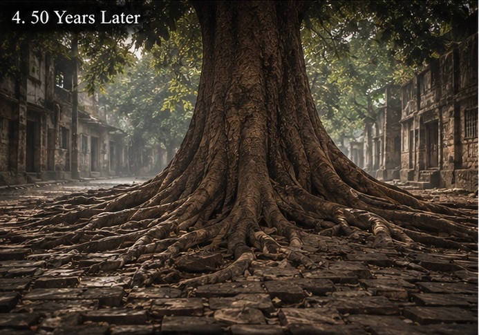 An old, weathered tree still standing on its roots